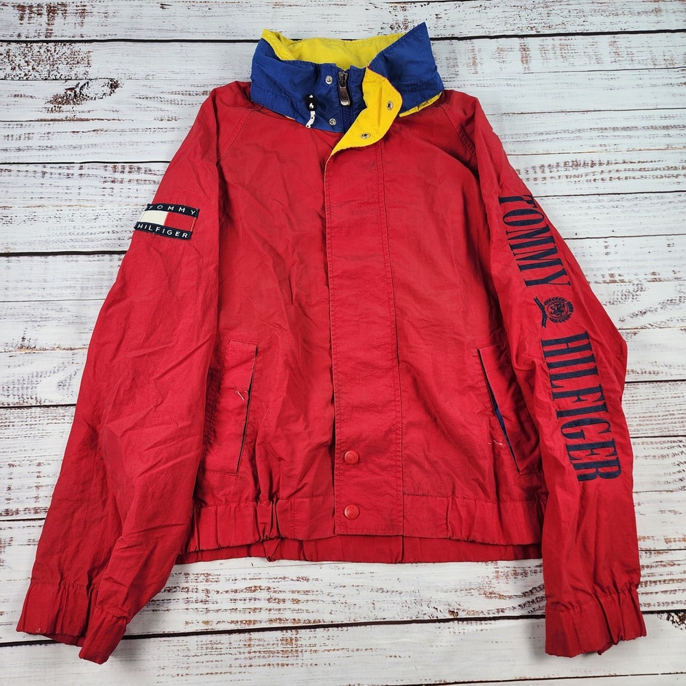 Vintage 90s Tommy Hilfiger Sleeve Spell Out Windbreaker Jacket Mens XXL Red Hood